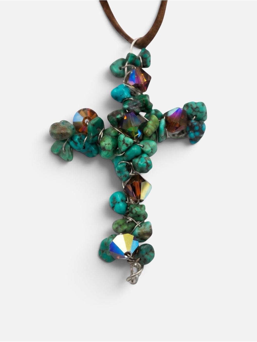 NAVAJO TURQUOISE CRYSTAL CROSS ARTISAN PENDENT NECKLACE